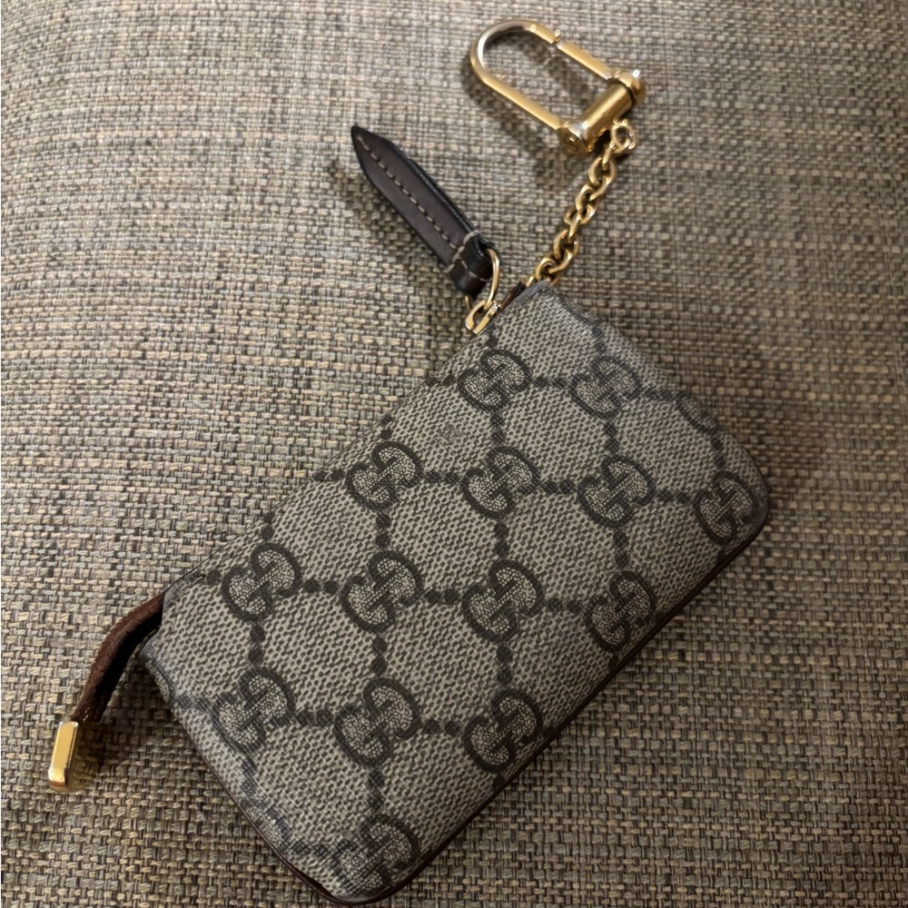 Gucci Beige and Brown Key Pouch with Gold Chain
